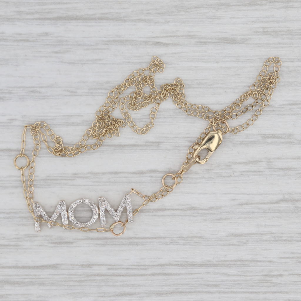 Light Gray 0.10ctw Diamond MOM Necklace 14k Yellow Gold Adjustable Cable Chain