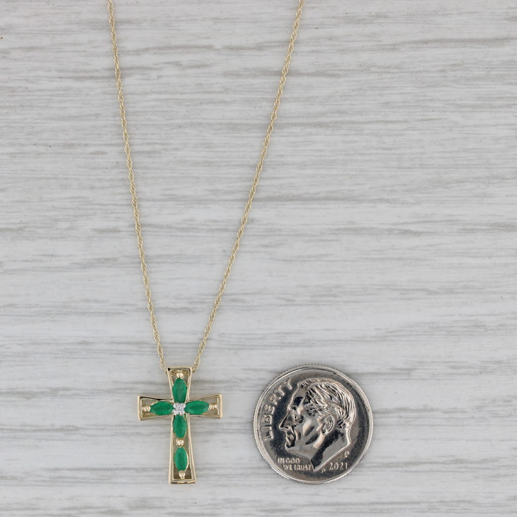Gray 0.38ctw Emerald Diamond Cross Pendant Necklace 10k Yellow Gold 18" Rope Chain