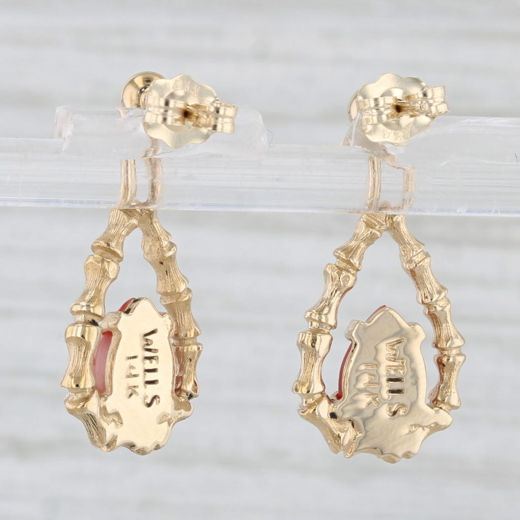 Light Gray Vintage Wells Coral Bamboo Teardrop Dangle Earrings 14k Gold Pierced Drops