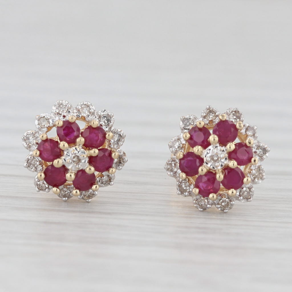 Light Gray 0.84ctw Ruby Diamond Flower Cluster Stud Earrings 14k Yellow Gold