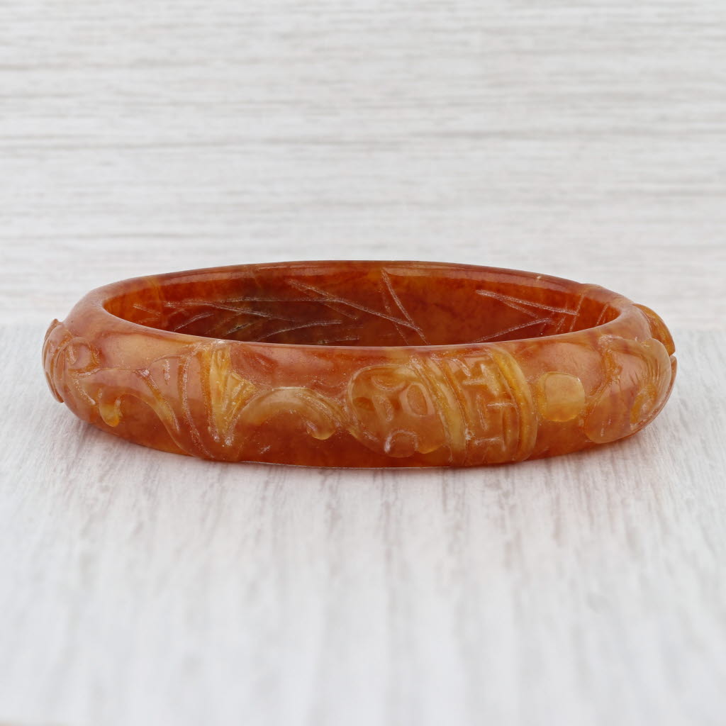 Brown Carved Fish Jadeite Jade Bangle Bracelet 7” 13mm Stackable Statement