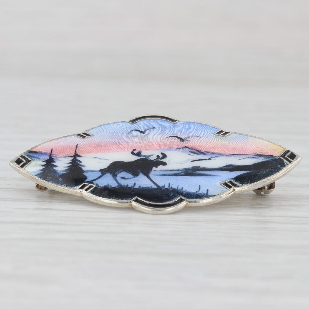 Light Gray Vintage Norwegian Guilloche Enamel Moose Brooch Sterling Silver Meldahl Pin