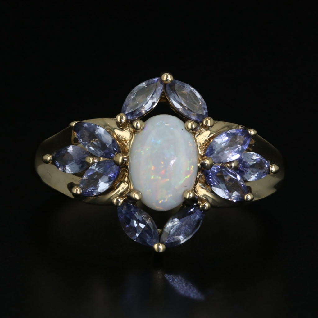 Black Oval Opal 0.5ctw Tanzanite Ring 10k Yellow Gold Size 6