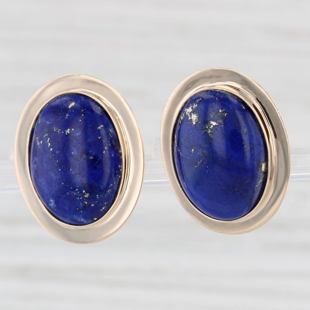 Light Gray Blue Lapis Lazuli Oval Cabochon Stud Earrings 14k Yellow Gold