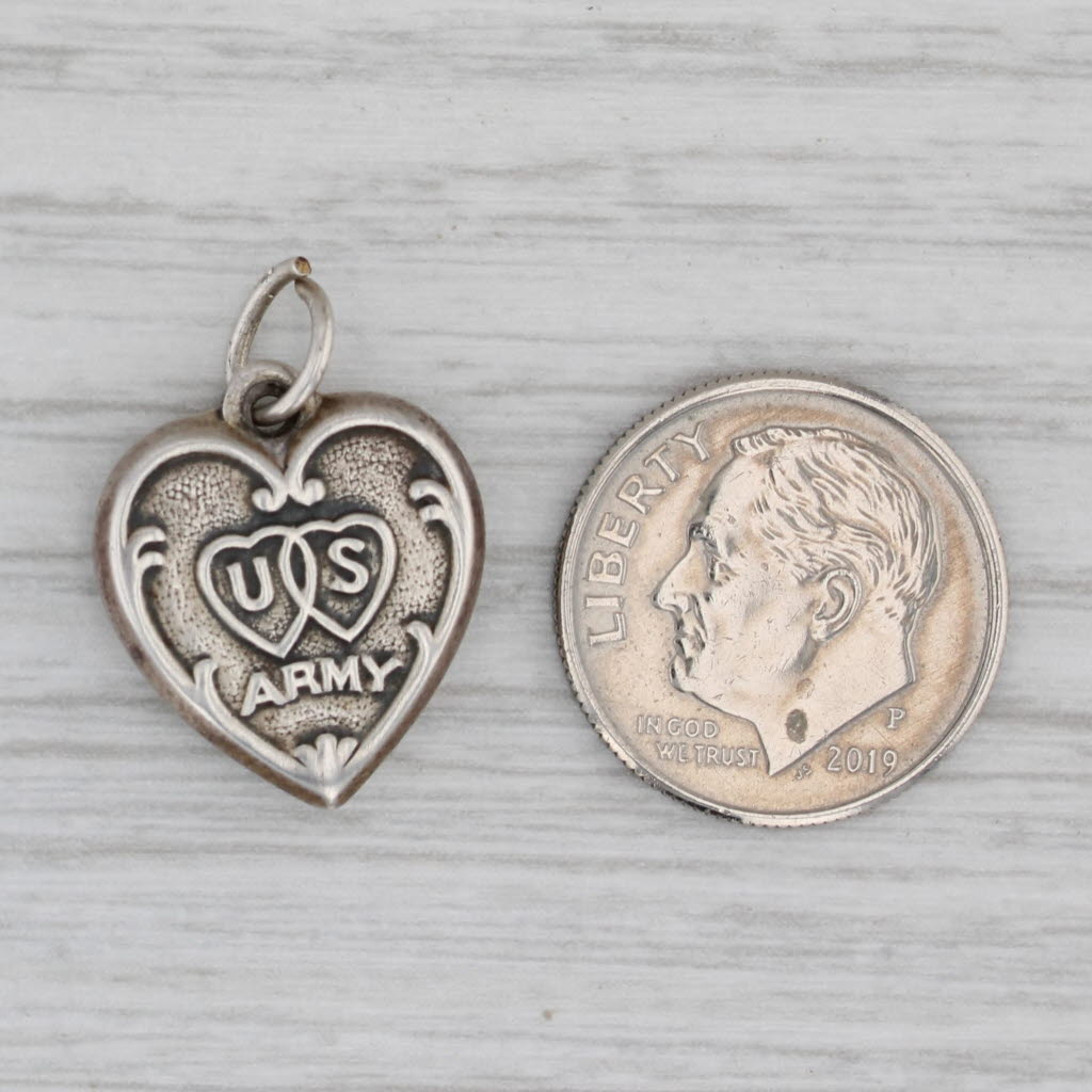 Gray Vintage Puffy Heart US Army Charm Sterling Silver Engraved Pendant