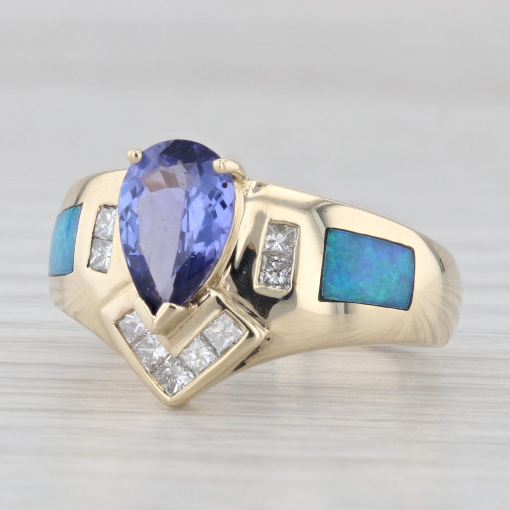 Light Gray 1.29ctw Tanzanite Diamond Opal Inlay Ring 14k Yellow Gold Size 7-7.25