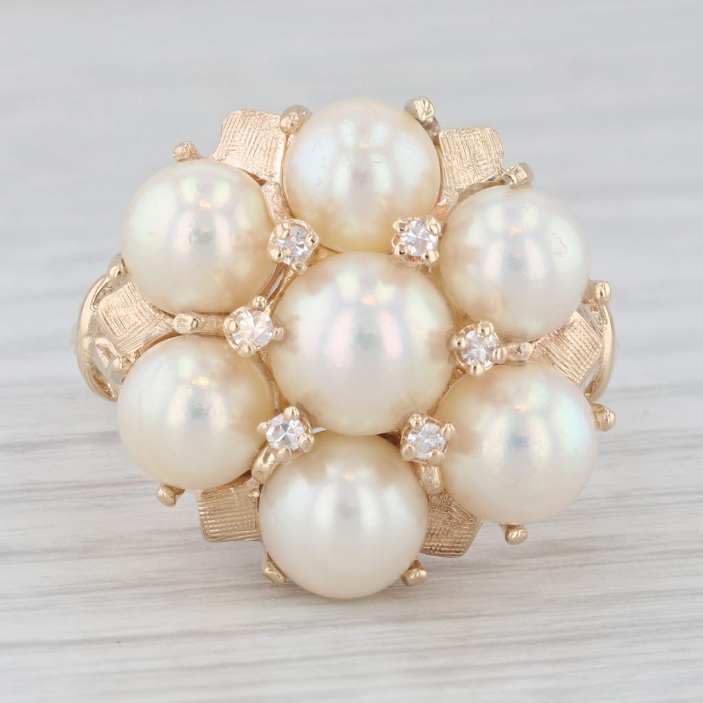 Light Gray Cultured Pearl Diamond Cluster Ring 14k Yellow Gold Size 9 Cocktail
