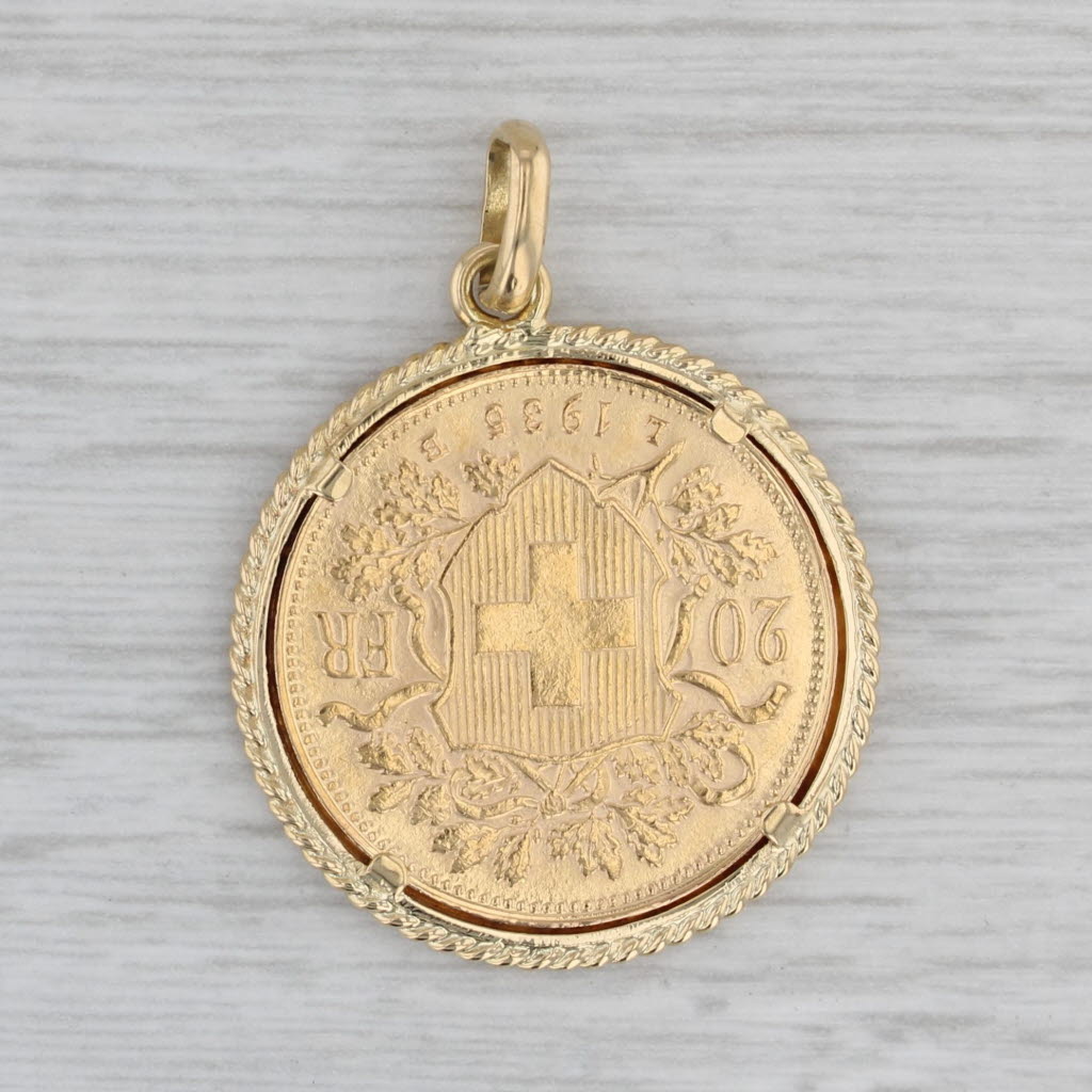Gray 1935 20 Franc Helvetia Swiss Coin 18k Bezel 900 Gold Coin