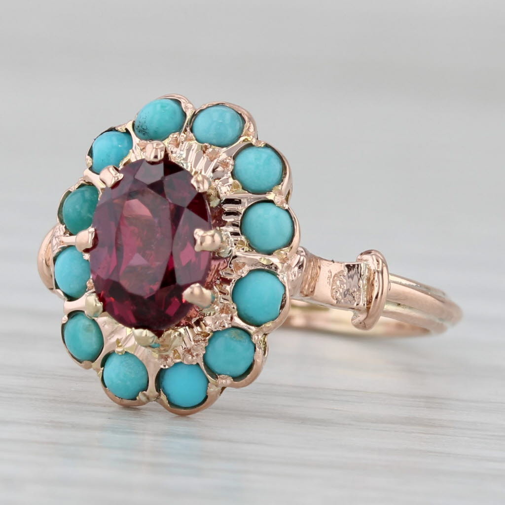 Gray Vintage Rhodolite Garnet Turquoise Halo Ring 12k Rose Gold Size 5