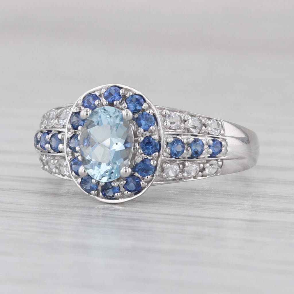 1.50ctw Aquamarine Blue White Sapphire Halo Ring 10k White Gold Size 8