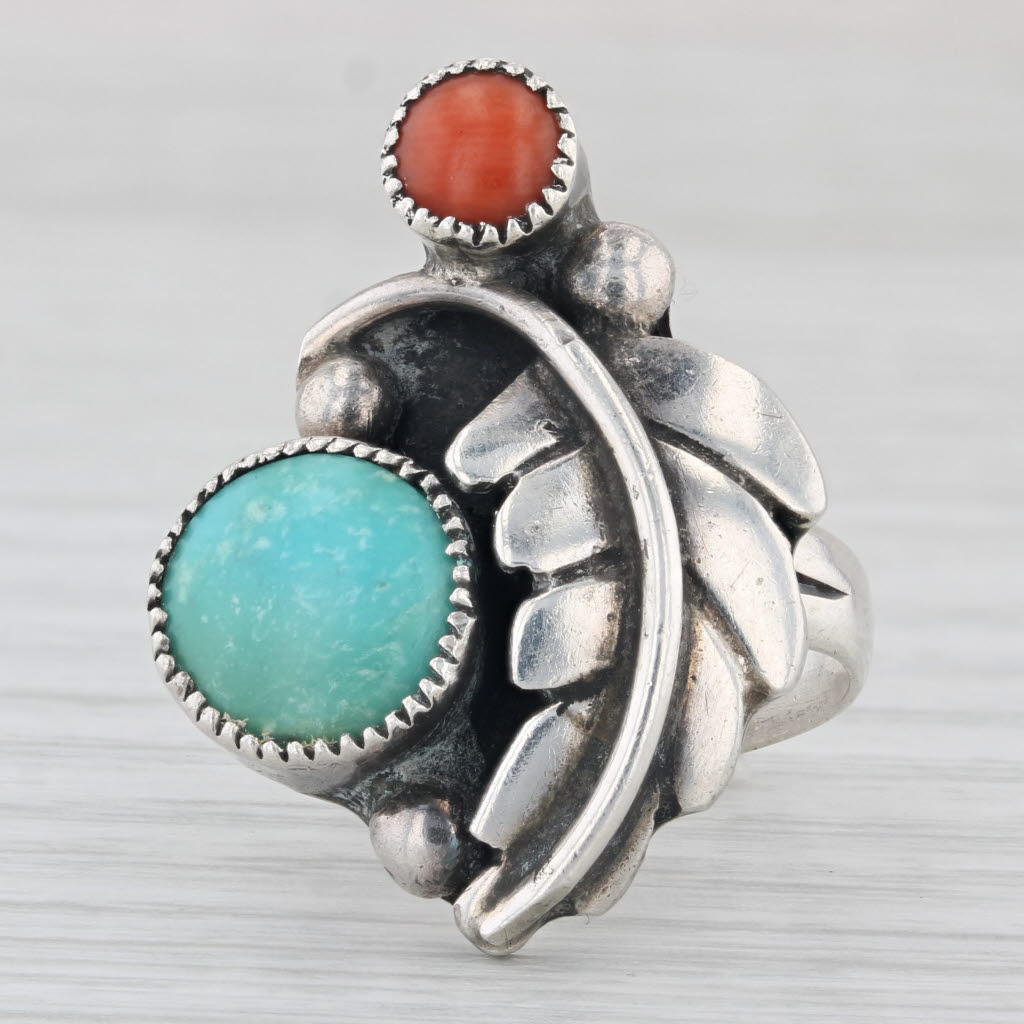 Light Gray Vintage Native American Turquoise Coral Leaf Statement Ring Sterling Silver