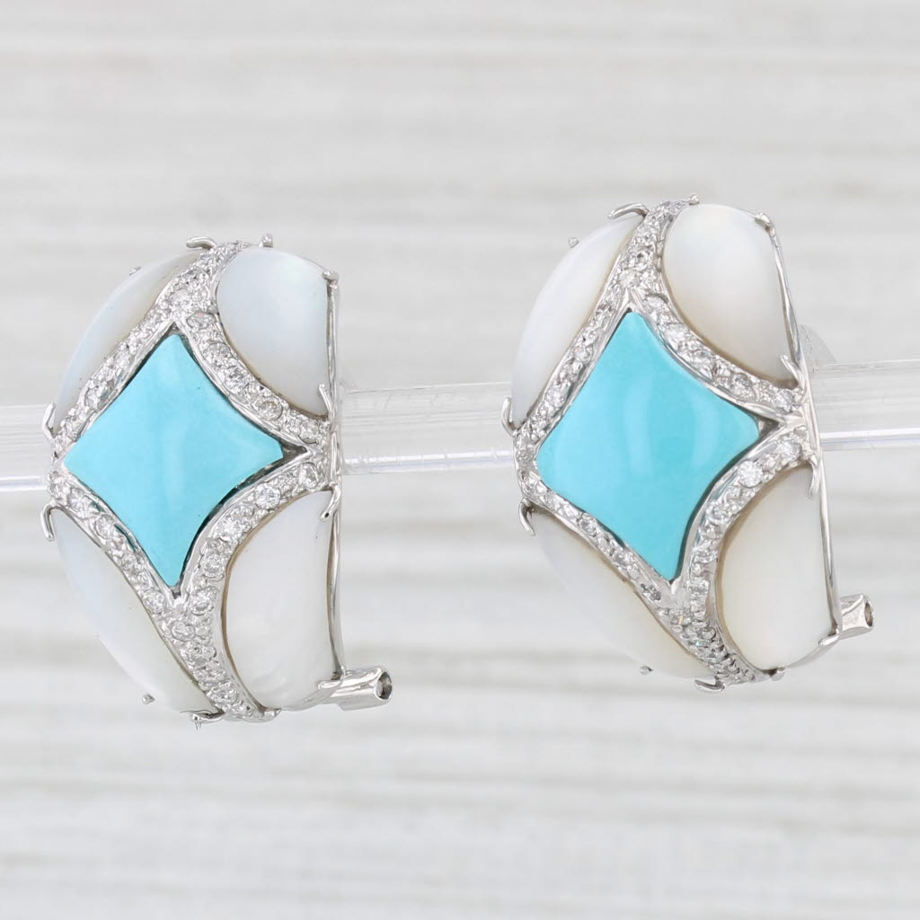 Light Gray Mother of Pearl Ceramic Diamond Drop Earrings 14k Gold Omega Backs