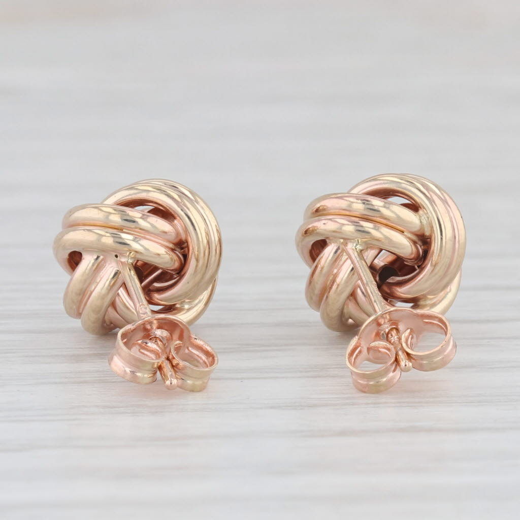 Light Gray Love Knot Stud Earrings 14k Rose Gold Small Round Studs