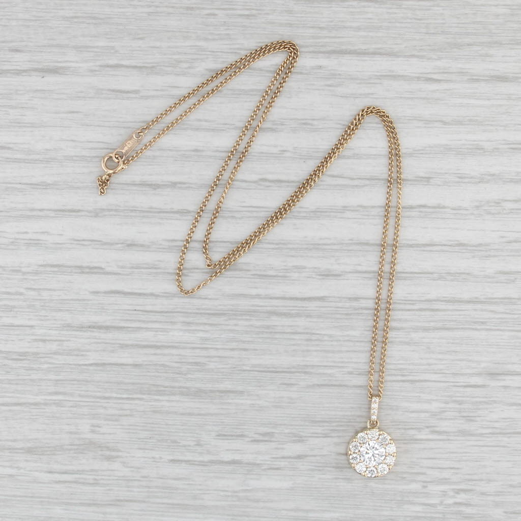 0.87ctw Diamond Halo Circle Pendant Necklace 14k Yellow Gold 17.75" Curb Chain