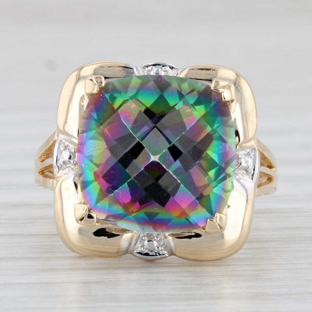 Light Gray 12.96ct Mystic Topaz Cushion Solitaire Ring 14k Yellow Gold Size 7.5 Cocktail