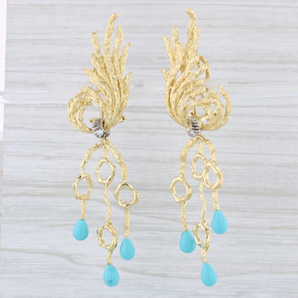 Light Gray Italian Dangle Statement Earrings 18k Gold Diamond Imitation Turquoise Clip On