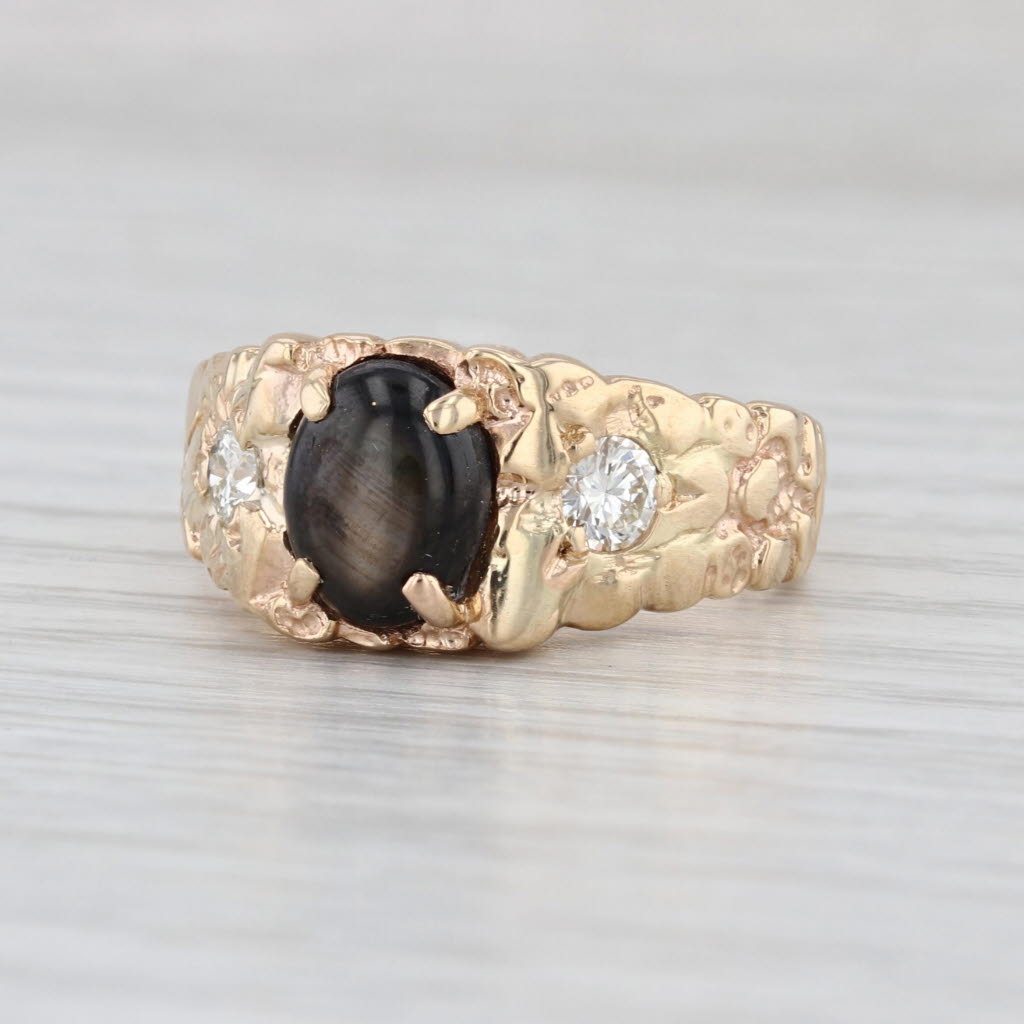 Black Star Sapphire Diamond Ring 14k Yellow Gold Nugget Pattern Size 8.5