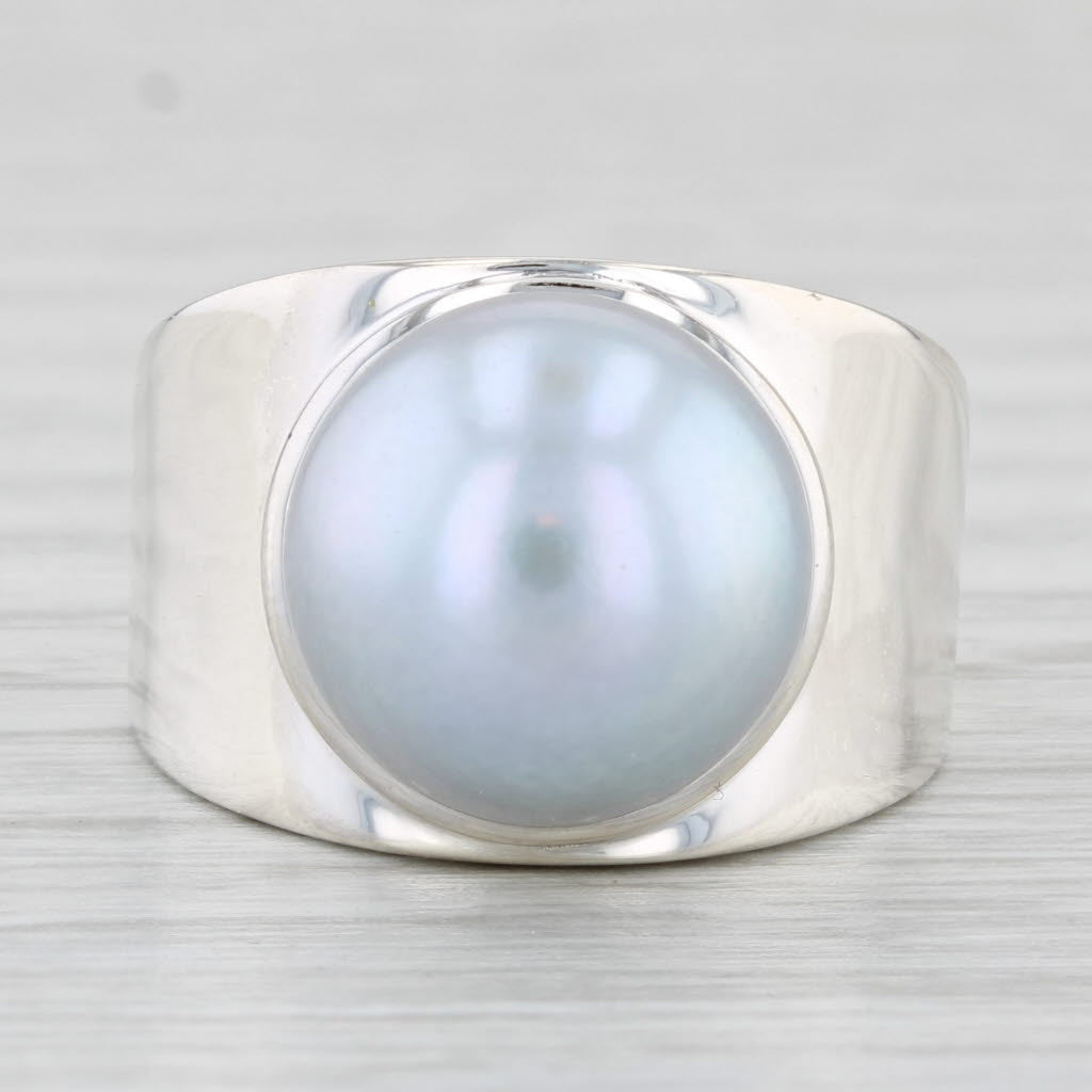Light Gray Gray Simulated Pearl Ring Sterling Silver Size 6 Round Button Solitaire