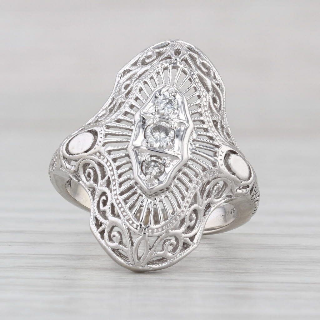 Vintage Art Deco 0.12ctw Diamond 3-Stone Filigree Ring 10k White Gold Size 5.25