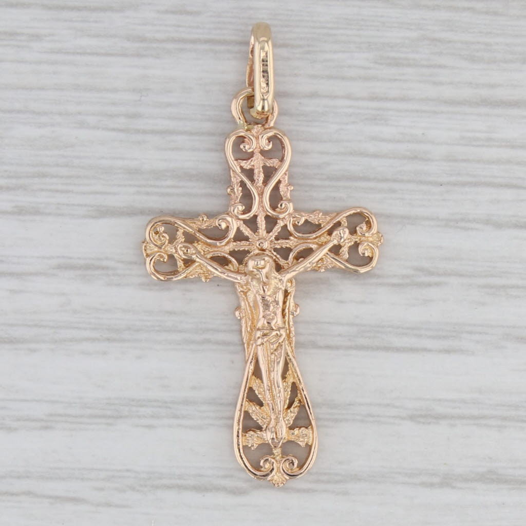 Gray Crucifix Cross Pendant 14k Yellow Gold Ornate Figural Religious