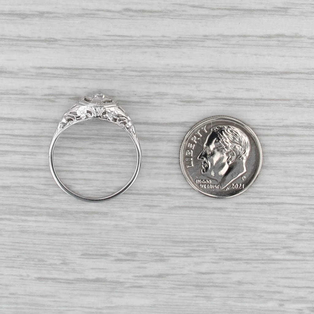 Art Deco Diamond Solitaire Ring 18k White Gold Filigree Size 7.5
