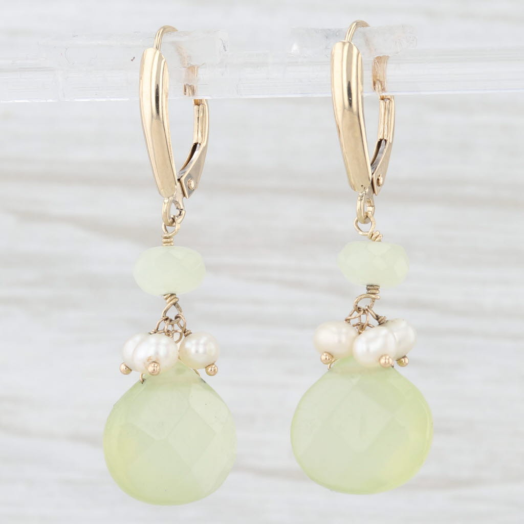 Light Gray Green Chalcedony Cultured Pearl Dangle Earrings 14k Yellow Gold Lever Backs