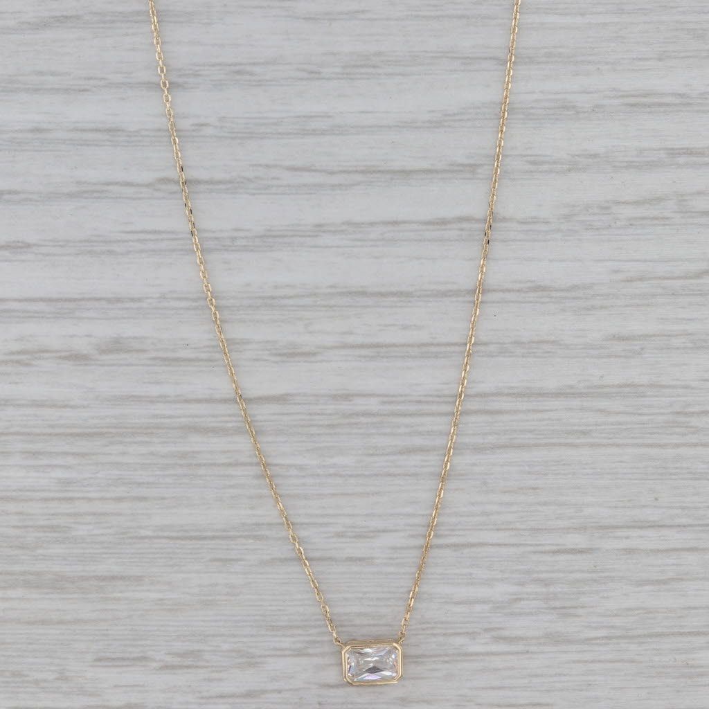 Cubic Zirconia Solitaire Stationary Pendant Necklace 14k Gold 16" Cable Chain