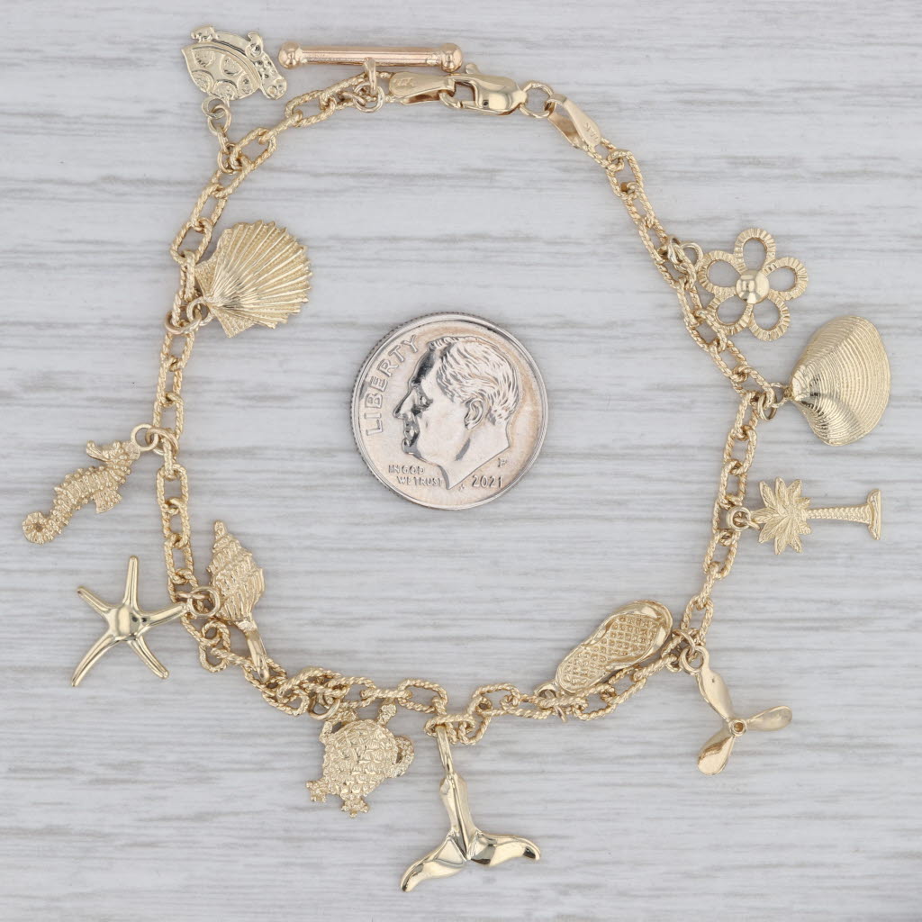 Gray Nautical Themed Charm Bracelet 10k 14k Yellow Gold 7.5" Shell Turtle Seahorse