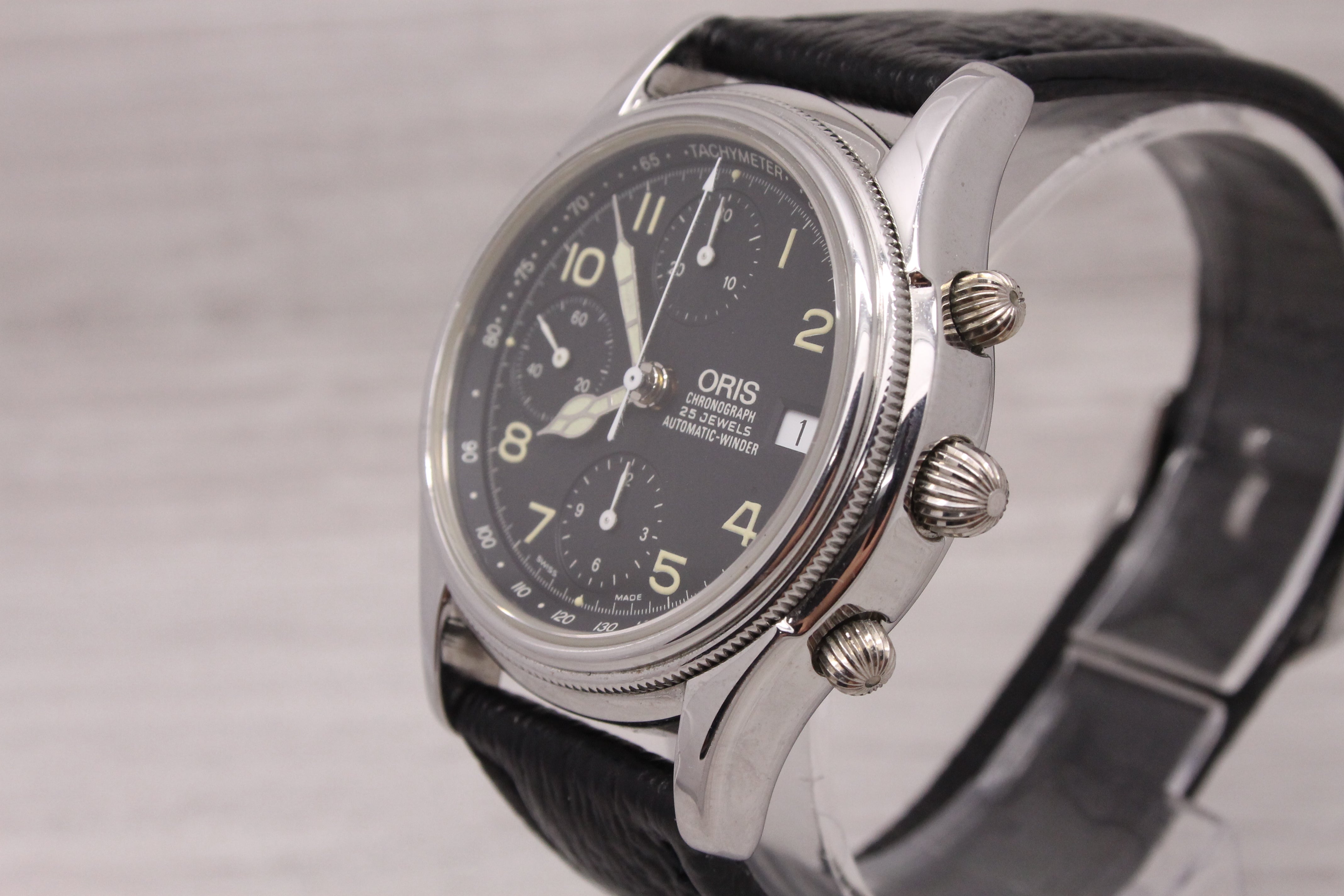 Dark Gray Oris 7415B Pilot 38mm Steel Automatic Chronograph Watch w Original Band & Box