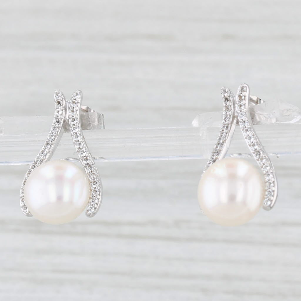 Light Gray New Cultured Pearl White Topaz Drop Earrings 10k White Gold