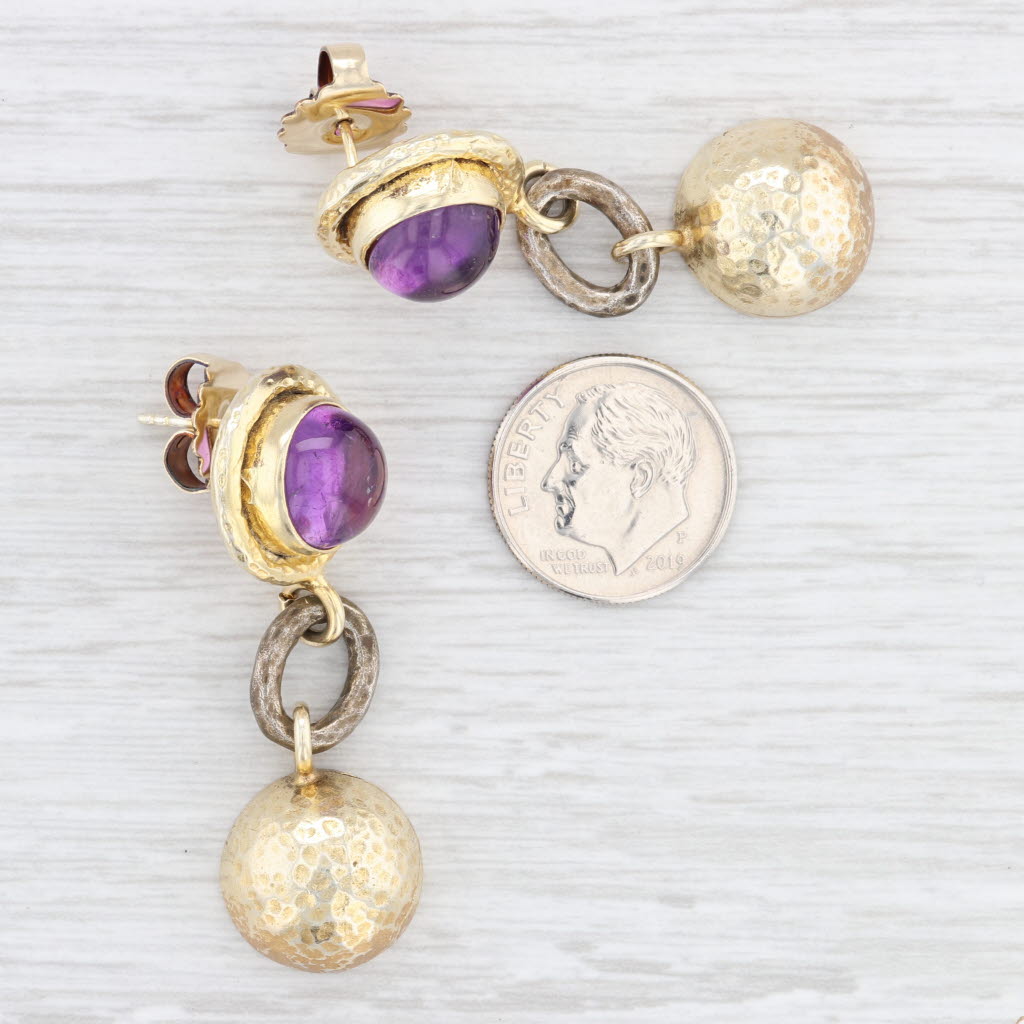 Light Gray Round Cabochon Amethyst Dangle Earrings Hammered Gold Plated Sterling Silver