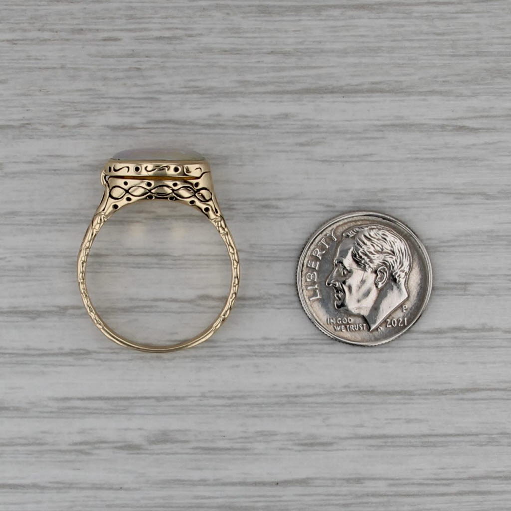 Vintage Opal Snuff Poison Ring 14k Yellow Gold Size 9 Oval Cabochon Solitaire