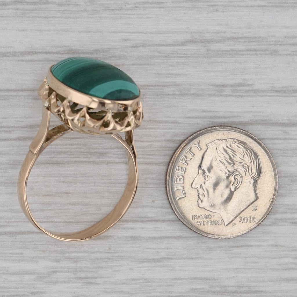 Gray Vintage Malachite Marbled Green Oval Cabochon Ring 12k Yellow Gold Size 7.5