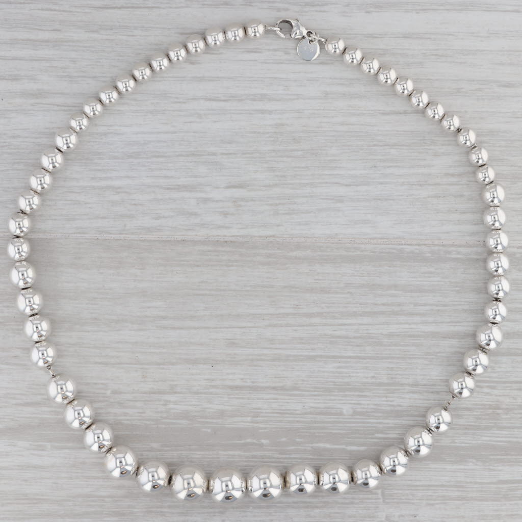 Gray Tiffany Graduated Bead Strand Necklace Sterling Silver 16.5" Pouch with box