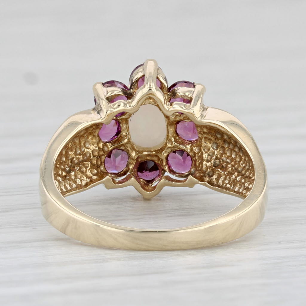 Light Gray Opal Garnet Flower Ring 10k Yellow Gold Size 5.25