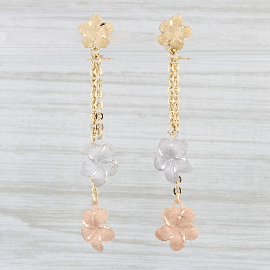 Light Gray Plumeria Flower Dangle Earrings 18k Yellow White Rose Gold Drops
