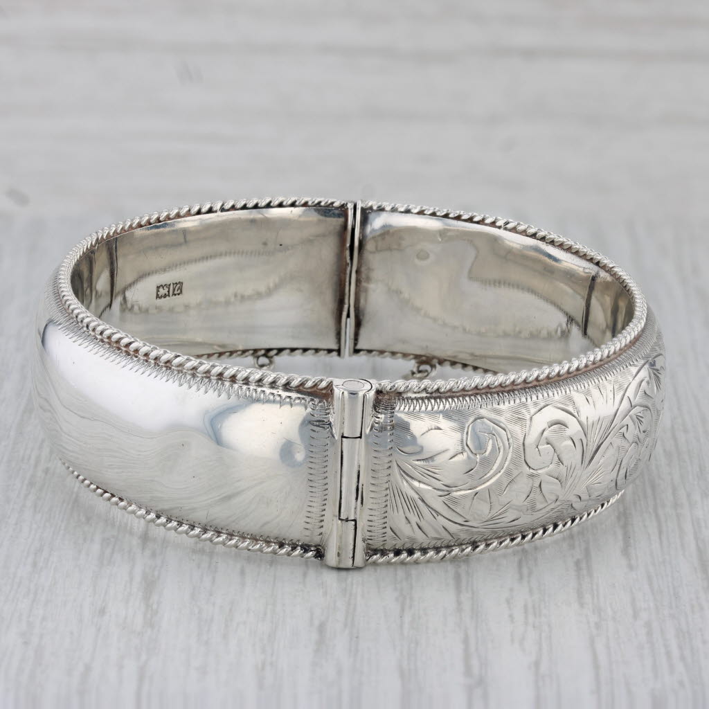 Gray Floral Engraved Hinged Bangle Bracelet Sterling Silver Vintage Birmingham 7.25"