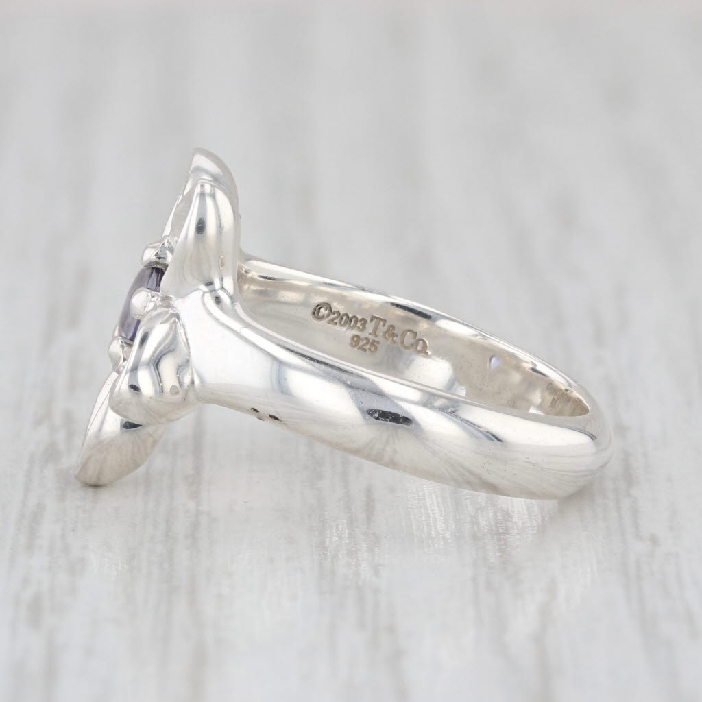 Tiffany & Co 0.20ct Iolite Solitaire Flower Ring Sterling Silver Size 6