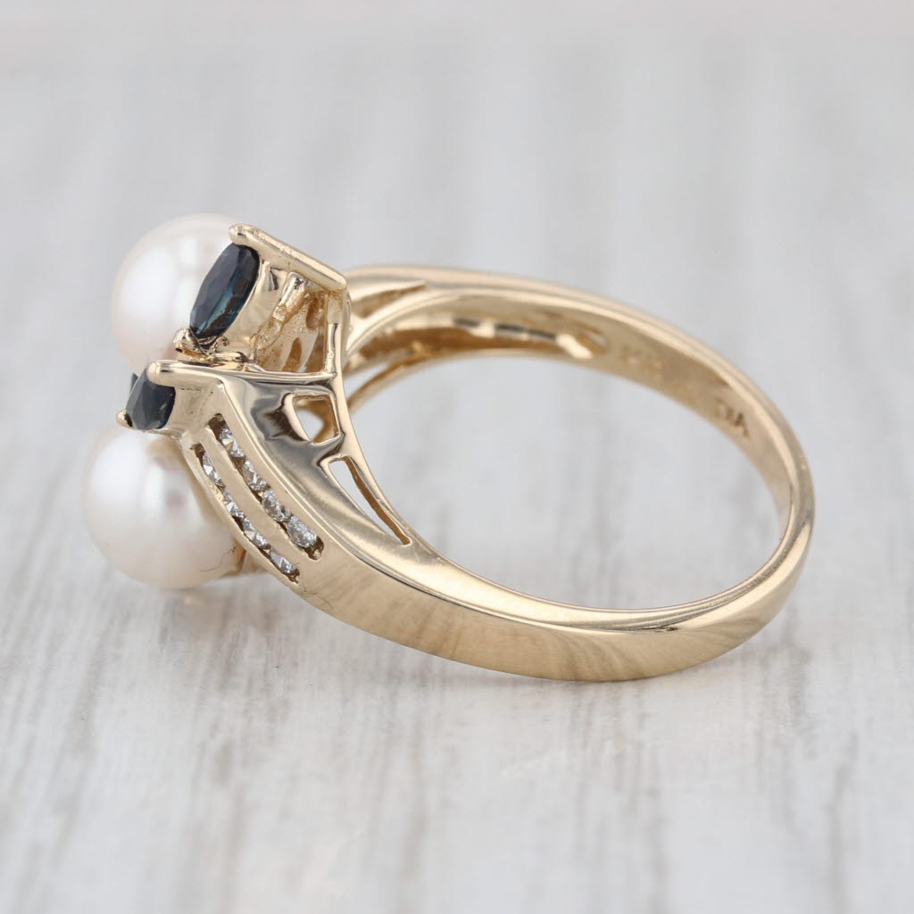 Culutred Pearl Sapphire Diamond Bypass Ring 14k Yellow Gold Size 6 Cocktail
