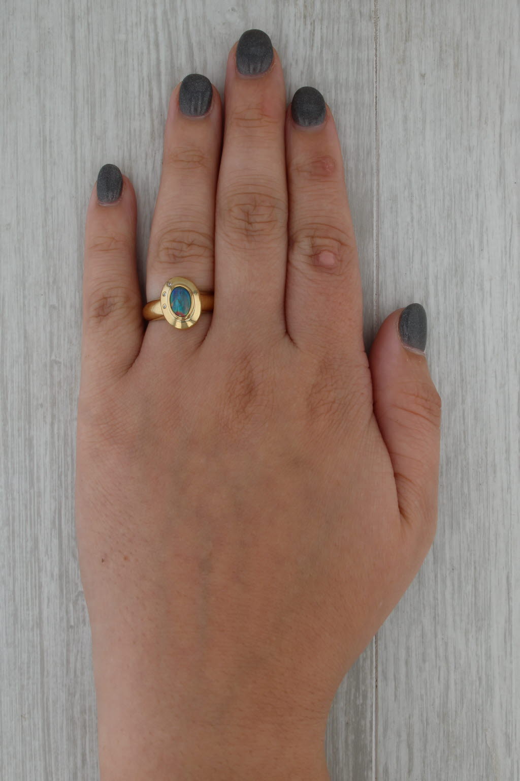 Multicolor Opal Doublet Ring 18k Yellow Gold Oval Cabochon Diamond Accents Sz 7