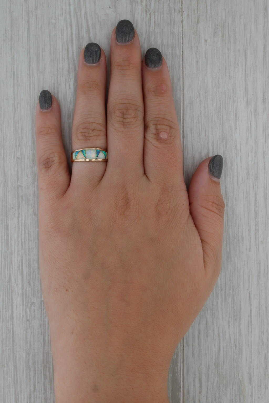 Lab Created Opal Mosaic Ring 14k Yellow Gold Size 7.25-7.5 Stackable Band