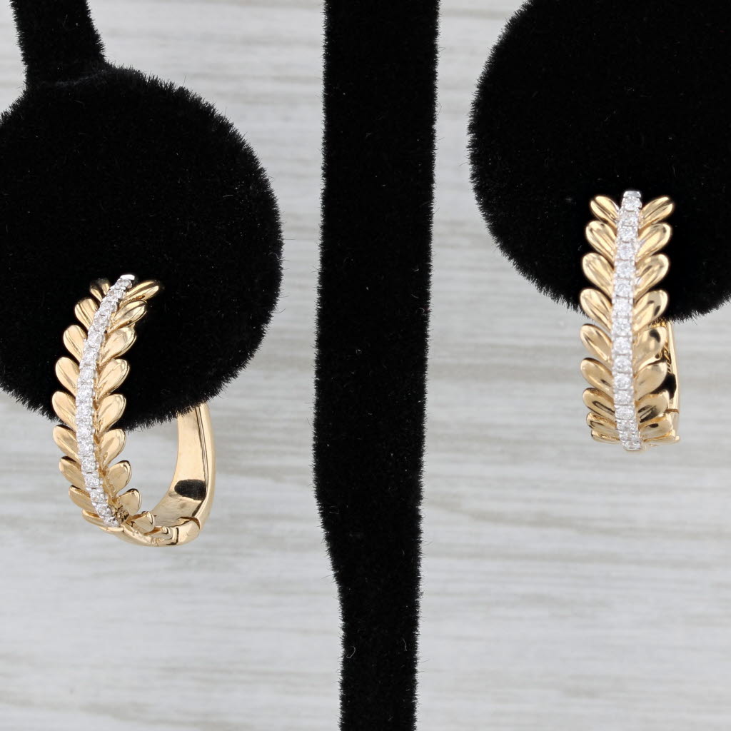 Black New 0.17ctw Diamond Leaf Drop Earrings 14k Yellow Gold Hinged Snap Top