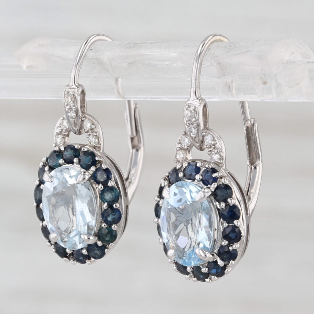 3.31ctw Diamond Aquamarine Sapphire Halo Drop Earrings 14k White Gold