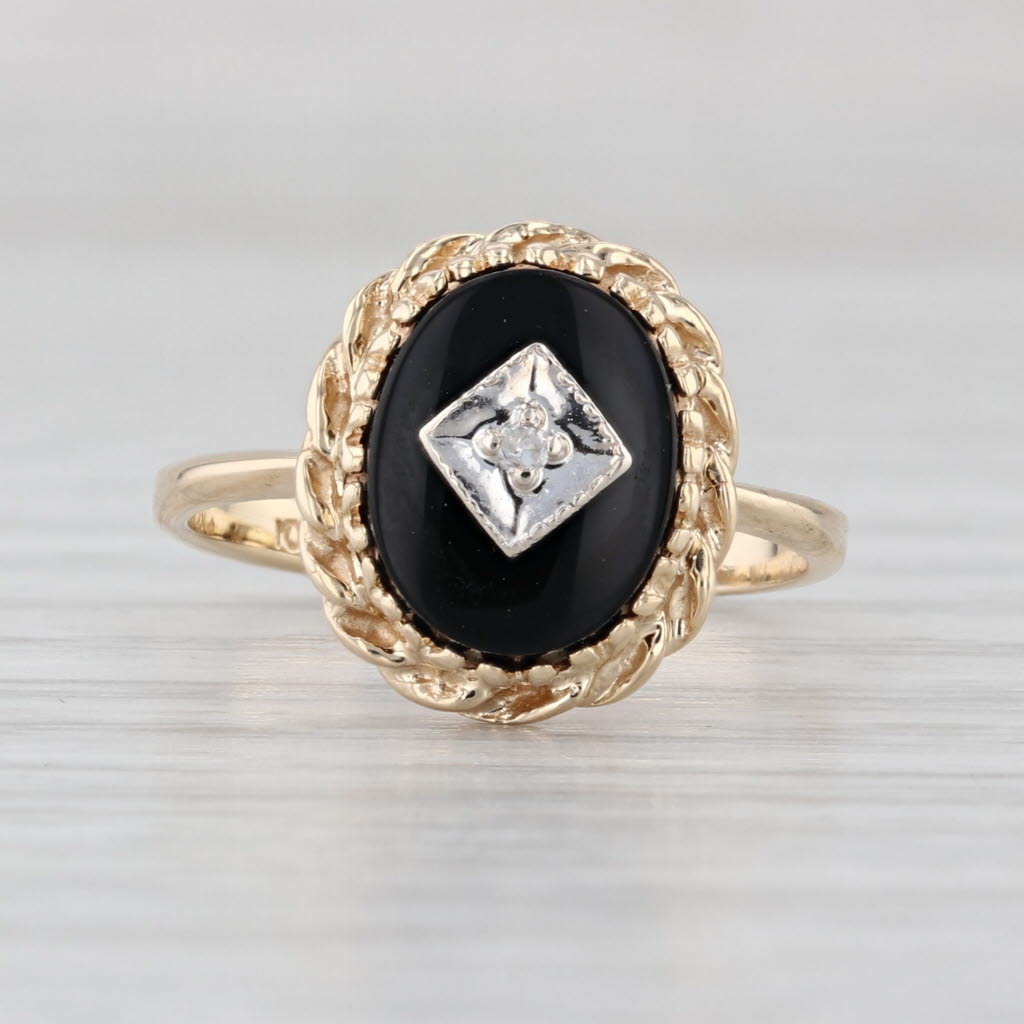 Vintage Onyx Diamond Signet Ring 10k Yellow Gold Size 5