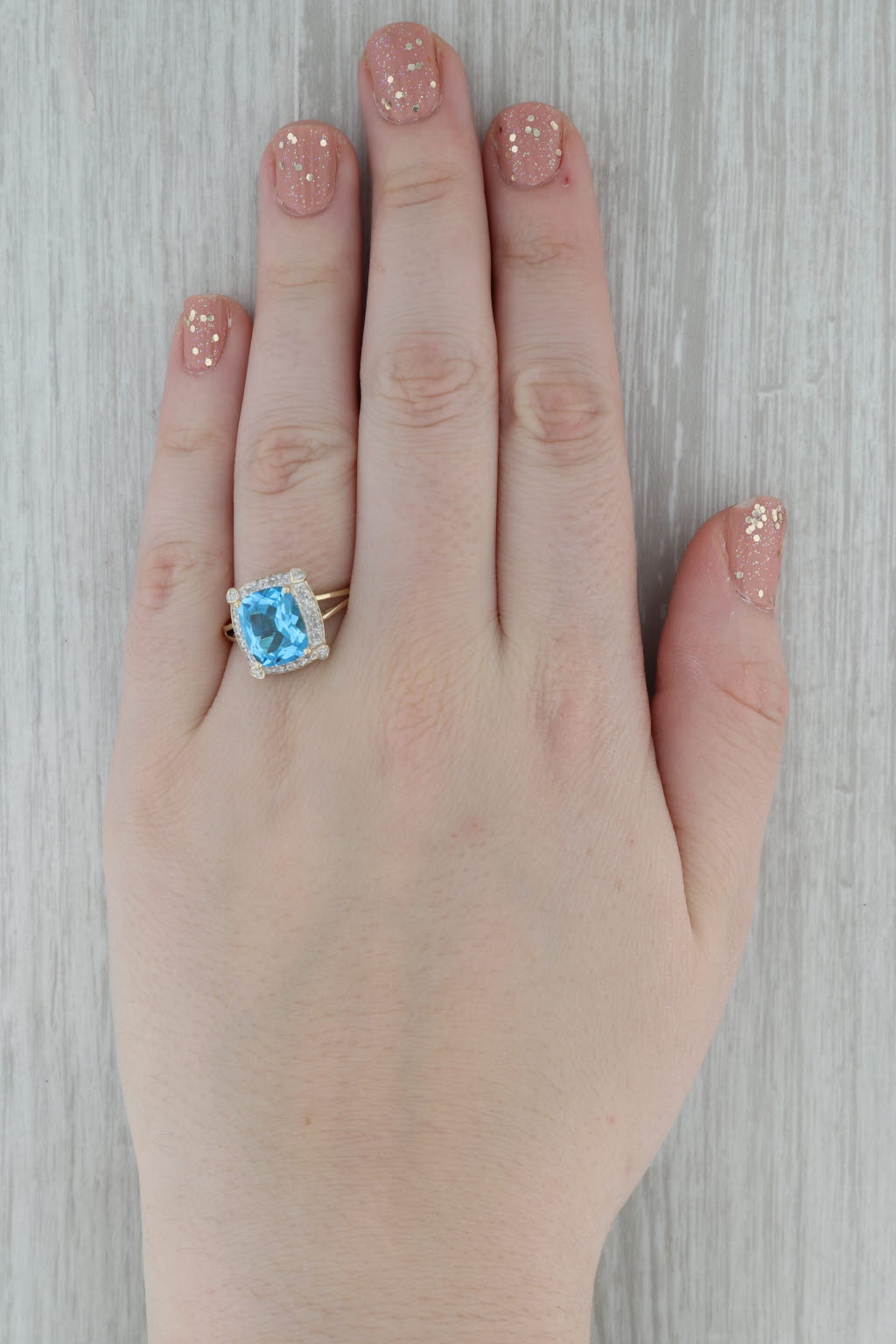 Dark Gray 5.08ctw Blue Topaz Diamond Ring 14K Yellow Gold Cushion Solitaire Halo Size 9.25
