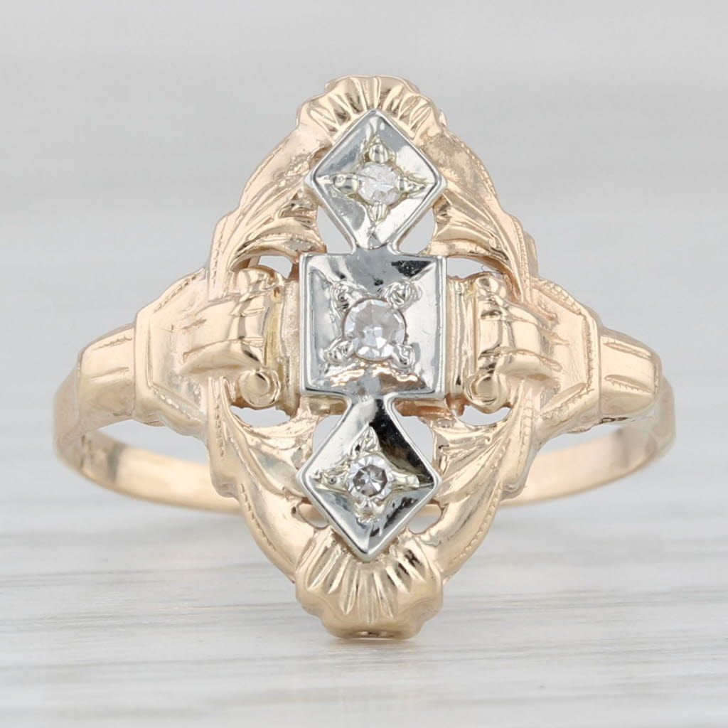 Light Gray Vintage Ornate Diamond Ring 14k Yellow White Gold Size 6
