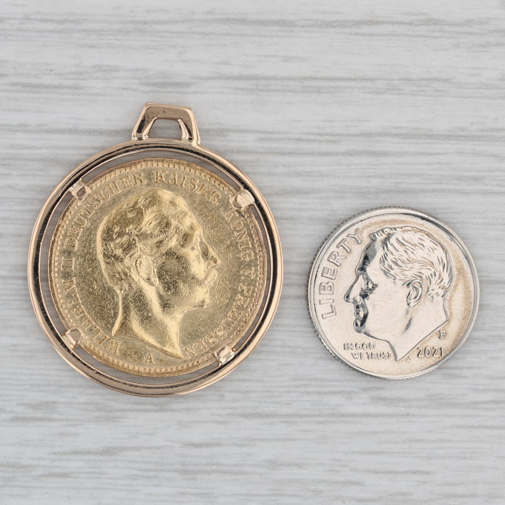 Gray German Empire 1890 20 Mark Prussia Gold Coin Pendant 18k bezel 900 Coin