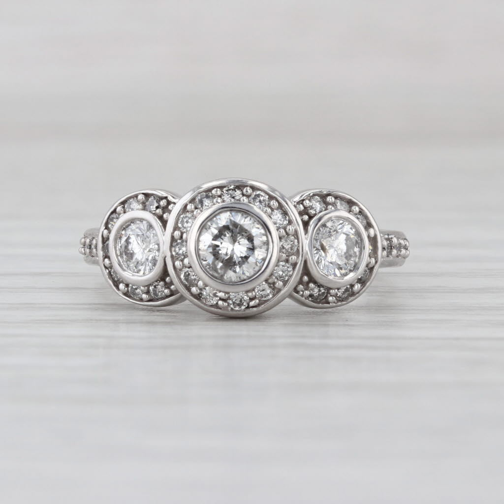 1.10ctw Diamond Halo 3-Stone Ring 14k White Gold Size 6.75 Engagement