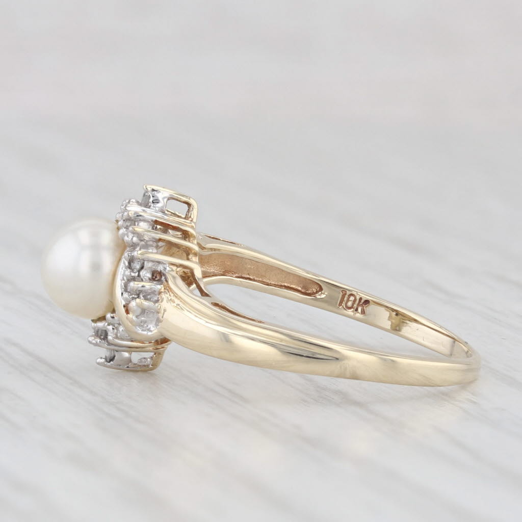 Light Gray Cultured Pearl Diamond Halo Ring 10k Yellow Gold Size 6