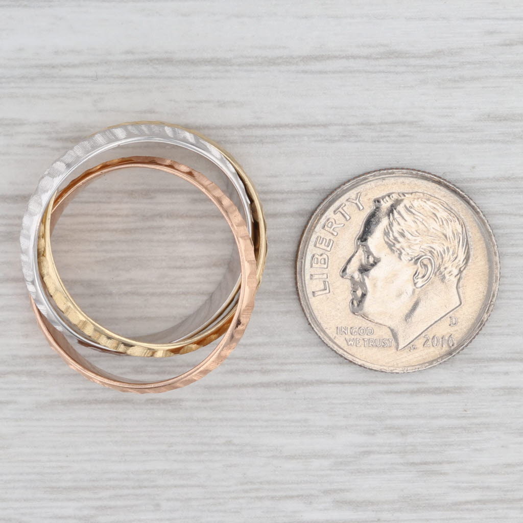 Light Gray Tri-Toned 3-Band Puzzle Ring 14k Yellow White Rose Gold Size 6 Hammered Finish